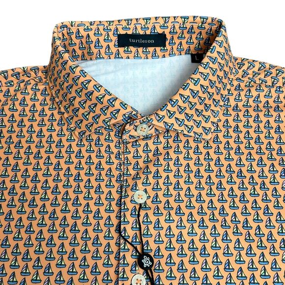 Turtleson golf polo men's Large Orange Sailboat Printed polyester Shirt New - Picture 4 of 9